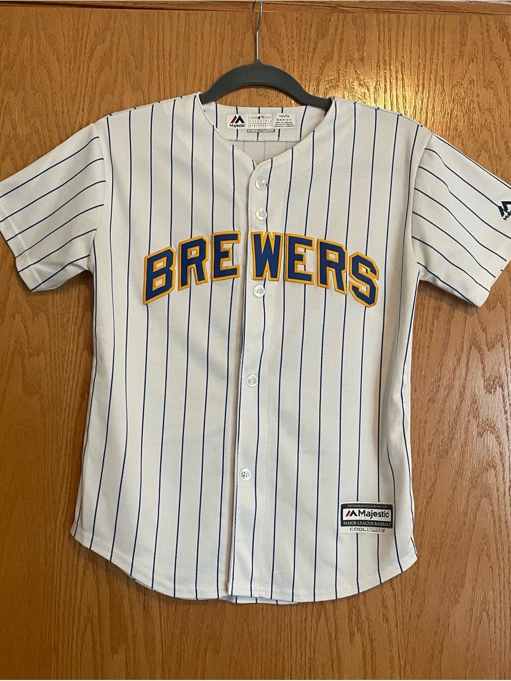 Majestic Kids Brewers White with Blue Pinstripes Button-Up Jersey with Gold Trim